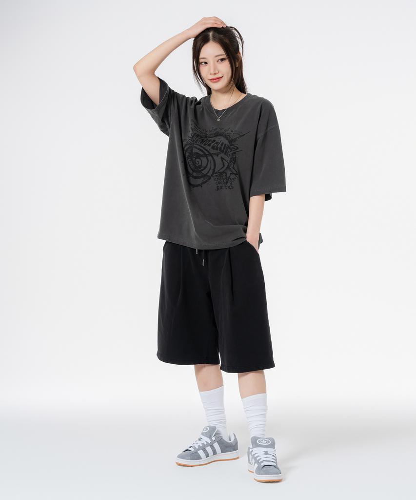 MOZMOZ Planet Oversized Pigment Short Sleeve T-Shirt Charcoal