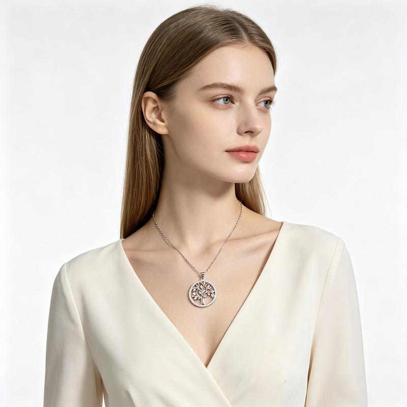 Geometric Tree Of Life Pendant Necklace Women Sterling Minimalist Locket Chain Jewelry