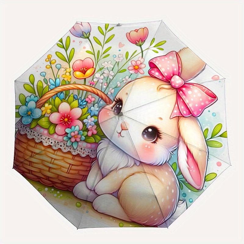 1pc Bunny & Flowers Pattern Automatic Umbrella is Fashionable and Good-Looking, a Portable 3-Fold Umbrella, Suitable for Travel and Daily Use, a