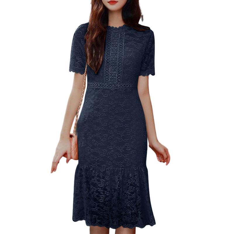 

ZANZEA Women Casual Round Neck Short Sleeve Lace Crochet Embroidery Patchwork Dress 5XL темно-синього кольору
