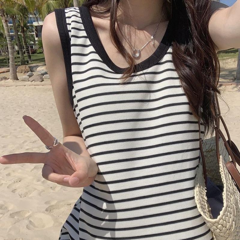 YYFS Dámská móda Léto Jaro Pruhovaný potisk Bez rukávů U výstřih Volný pas Ležérní šaty