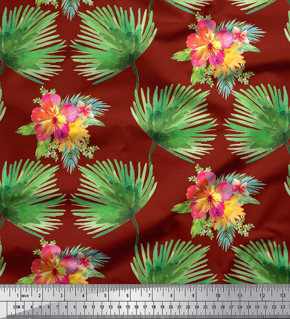 Soimoi Red Poly Crepe Fabric Leaves & Floral Decor Fabric Printed By the Metre 42 Inch