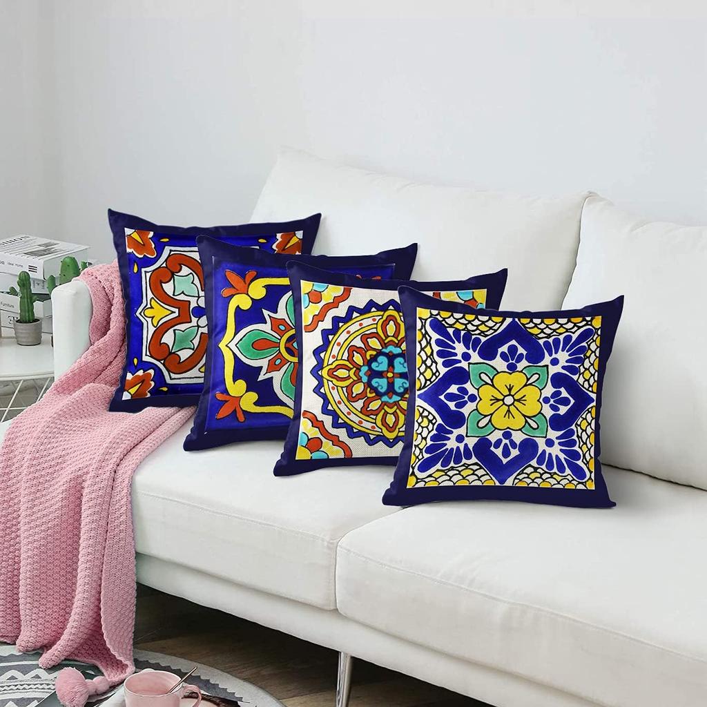 Of 4 Linen Throw Pillow Covers Exotic Geometry Dark Retro Ethnic Home Decorative Flax Pillow Cases Cushion Square Pillowcases