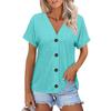 Women Fashion Short Sleeve V Neck Solid Button Down Casual T Shirt