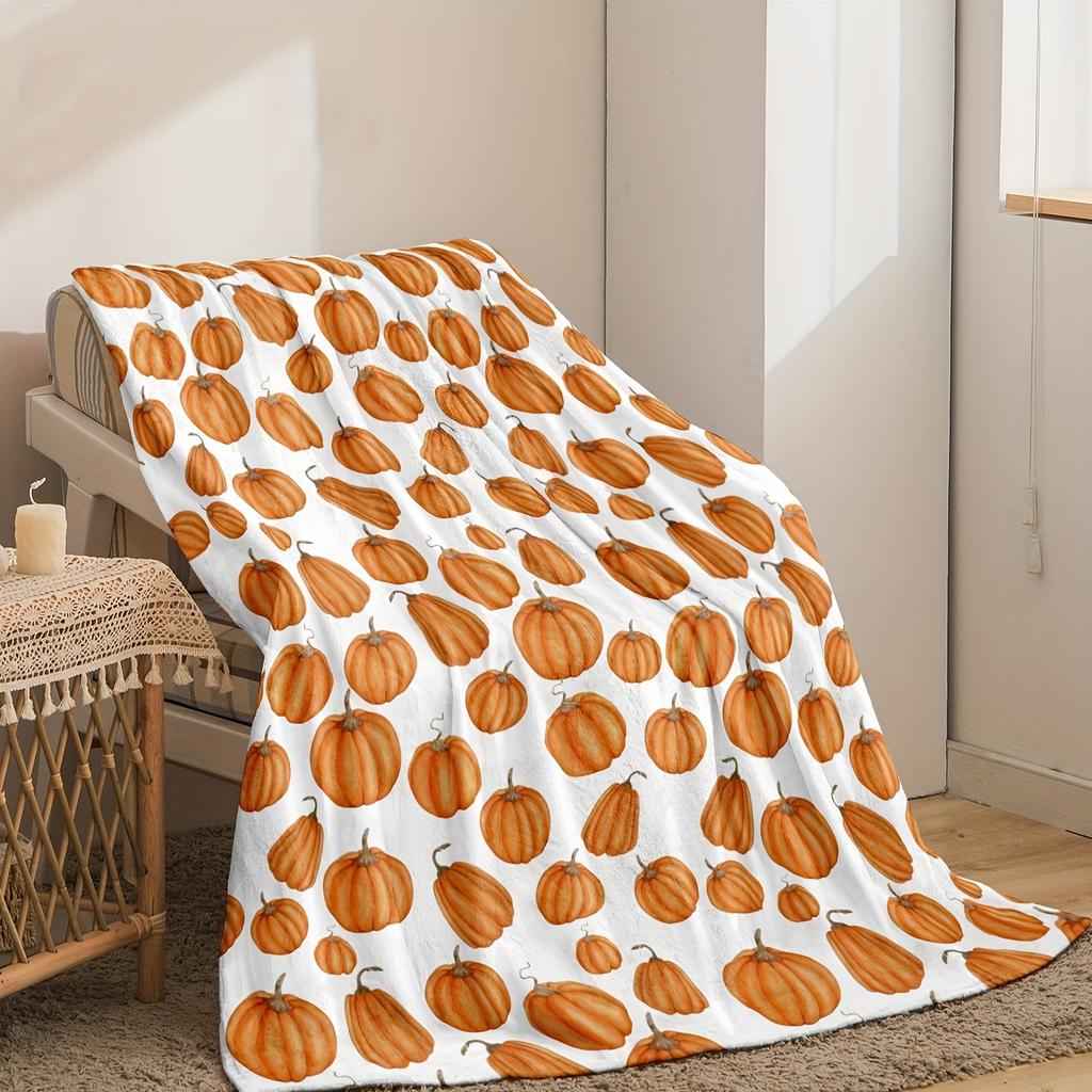 Comfortable Pumpkin Print Flannel Blanket Soft Warm Great Gift for Autumn Thanksgiving Christmas Fit Sofa Bed Office Travel