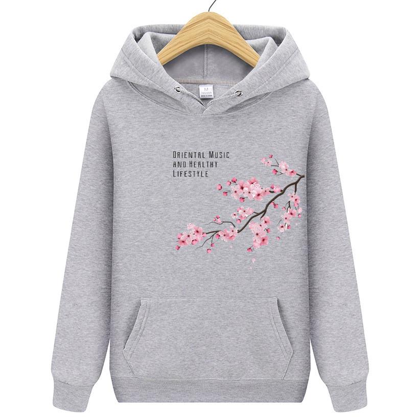 Men's and Women's Hoodie Fleece Fleece Autumn One Plum Blossom Printed Hooded Sweatshirt Street Wear Pullover