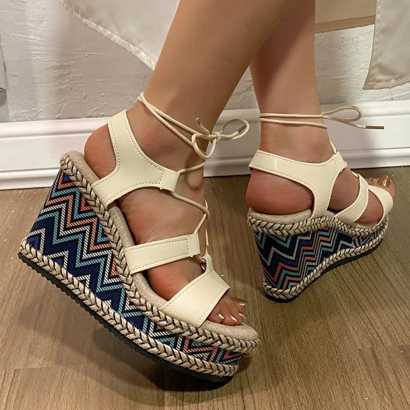 Fashion 2024 Hot Sale Ladies Shoes Lace-up Women's Sandals Fashion Color Matching Dress Sandals Women New Round Toe Wedge Sandalszapatos