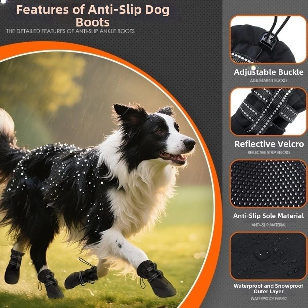 4pcs/set Reflective Waterproof Dog Shoes Double-Layer Breathable Anti-Slip Dog Boots Adjustable Wear Resistant Dog Foot Cover