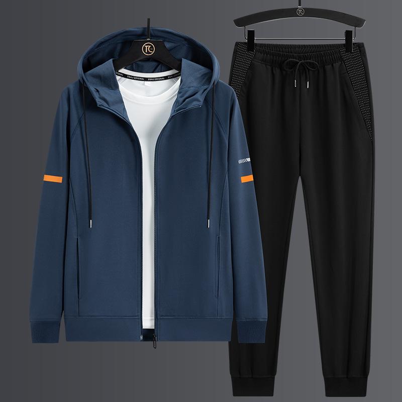 

Мужской повседневный модный костюм с капюшоном и длинными рукавами, куртка-кардиган большого размера, худи, длинные брюки, комплект из двух предметов, мужской L темно-синий