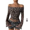 New Spring Women's Sexy One-shoulder Long-sleeved T-shirt Leopard Print Off-the-shoulder Top