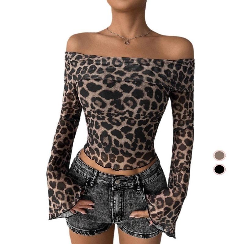 New Spring Women's Sexy One-shoulder Long-sleeved T-shirt Leopard Print Off-the-shoulder Top