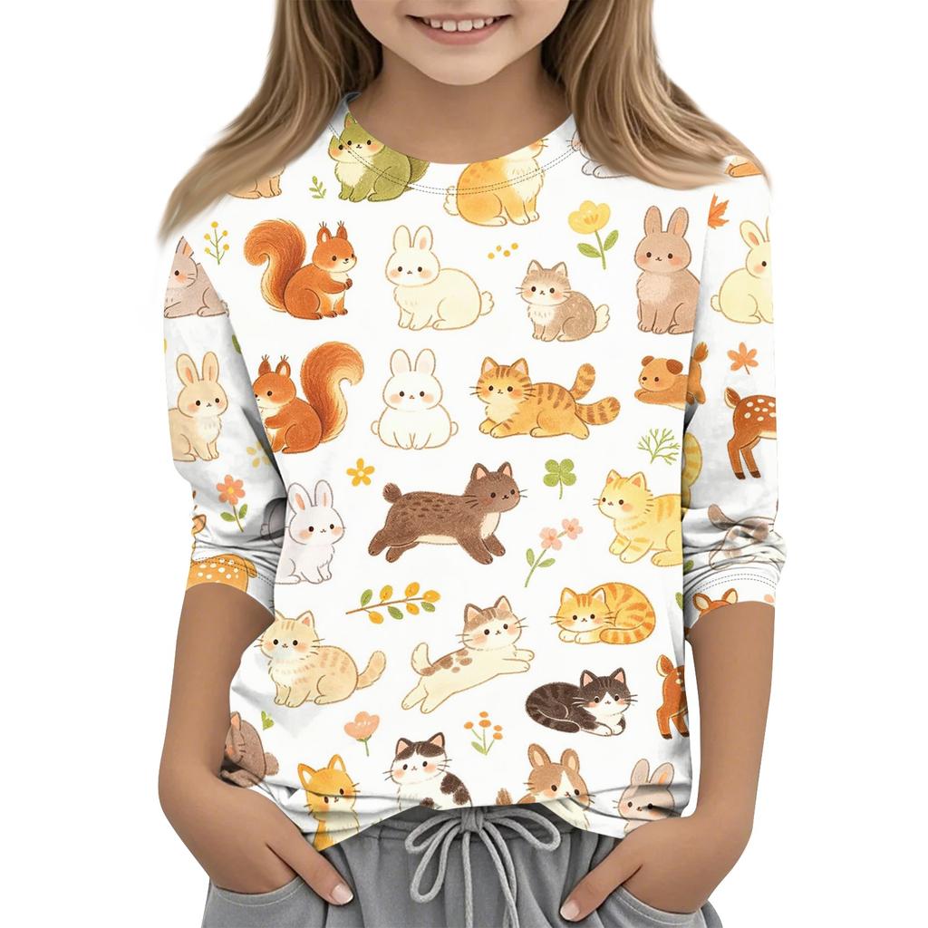 Kinder Tierdruck Rundhals Dreiviertelarm Lässiges T-Shirt Weicher Bequemer Stoff Geeignet für den Alltag und Spielzeit