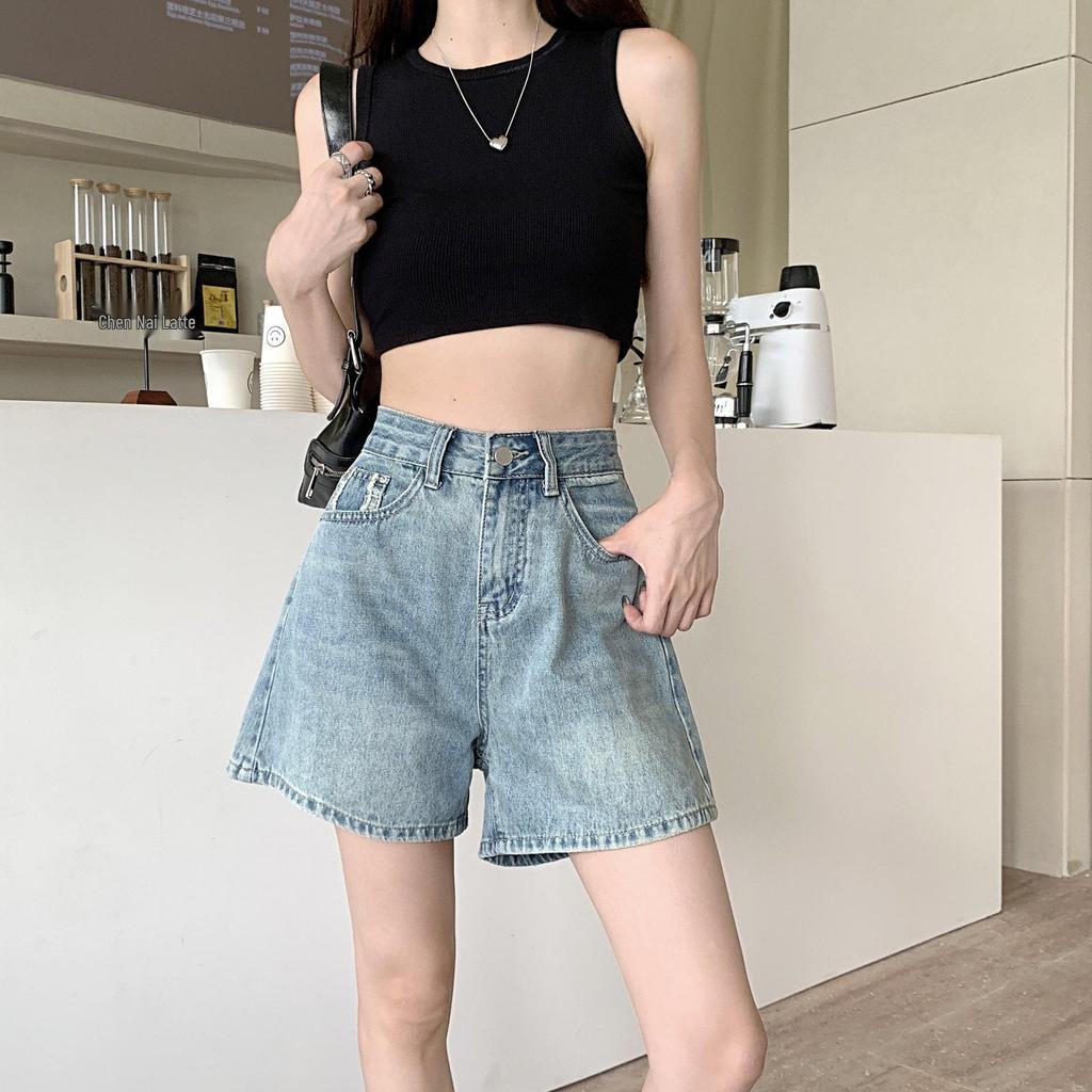 High-Waisted Light Denim Spicy Girl Shorts – Women's Trendy Plus Size A-Line Summer Hot Pants