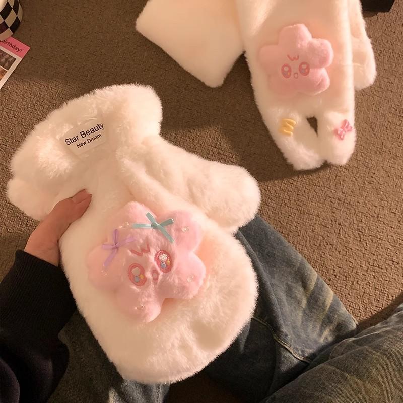 Cute cartoon star gloves girl heart thickened fluffy plush warm finger driving scarf