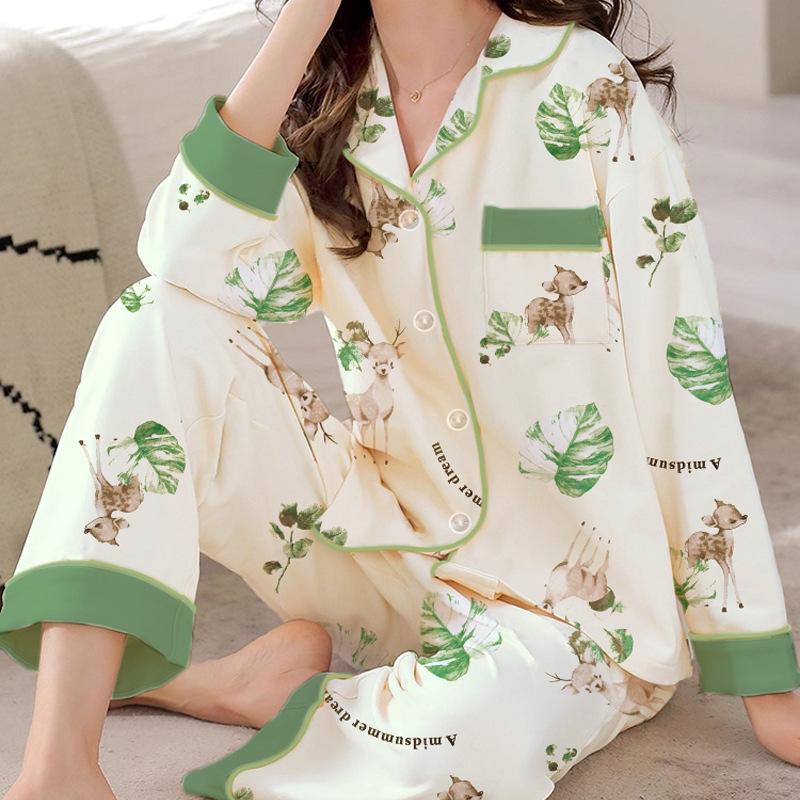 French Floral Faux Cotton Women's Pajama Set - Spring/Autumn Long Sleeve & Pants, Loose Cardigan Style for Middle-aged Women.