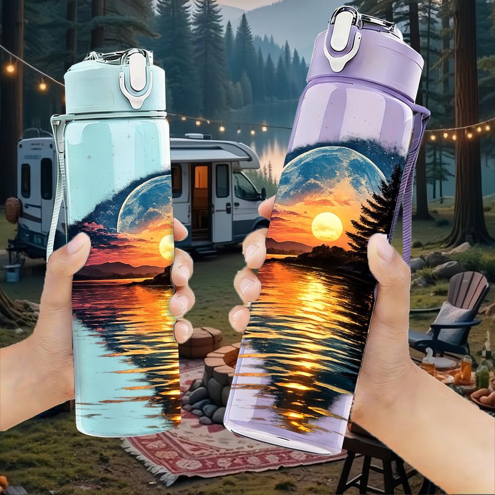 1PC Sunset Lake Mountain Reflection Print 750ml Color Plastic Sports Water Bottle Leakproof Flip Straw Lid Suitable for Sports Office Home Use