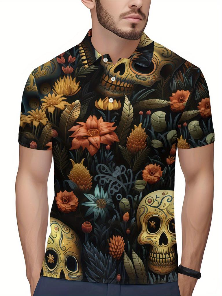 Men'S Short-Sleeve Polo Shirt for Halloween, Featuring a Flat Digital Print Design - No Texture