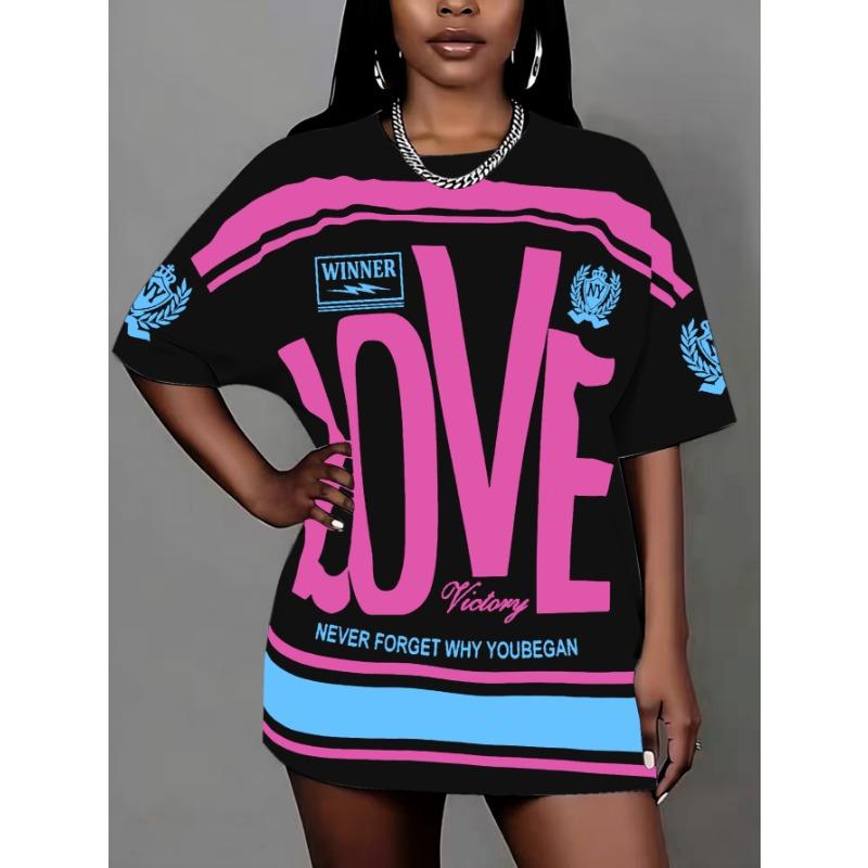Plus size women's clothing 2025 new round neck letter print T-shirt pullover top suitable for daily wear