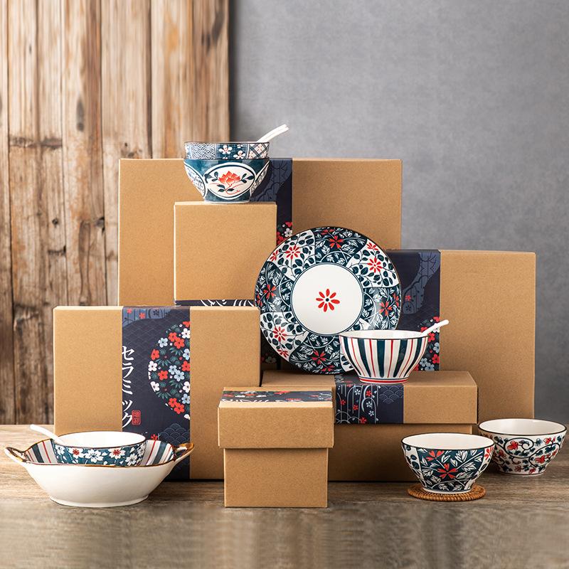 Japanese Style Ceramic Tableware Gift Bowl and Dish Set Blue and White Porcelain Bowl and Chopstick Set Ceramic Bowl