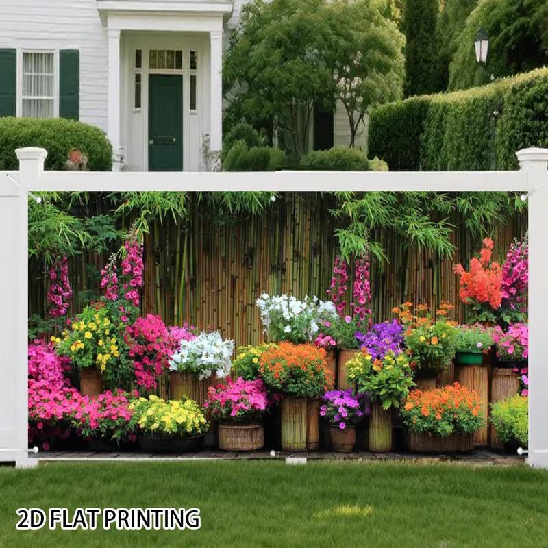 

2D Flat Printing Garden Backdrop, Lush Flower Bed on Bamboo Fence Photography Background for Events 47.2x31.5inch/120*80cm