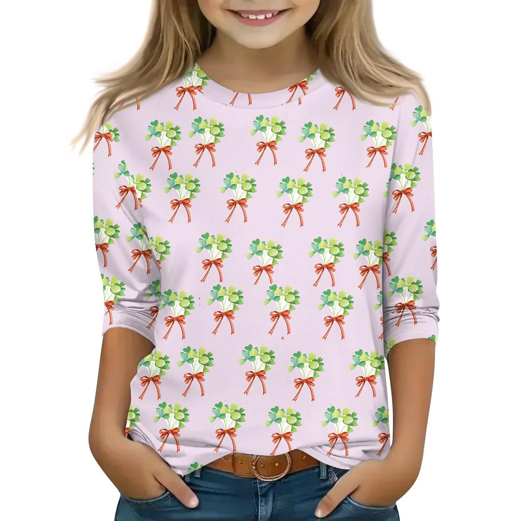 Bedruckte Oberteile für junge Mädchen von 5–16 Jahren, Rundhalsausschnitt, 3/4-Ärmel, T-Shirts, trendige Oberteile, Outfit-T-Shirts