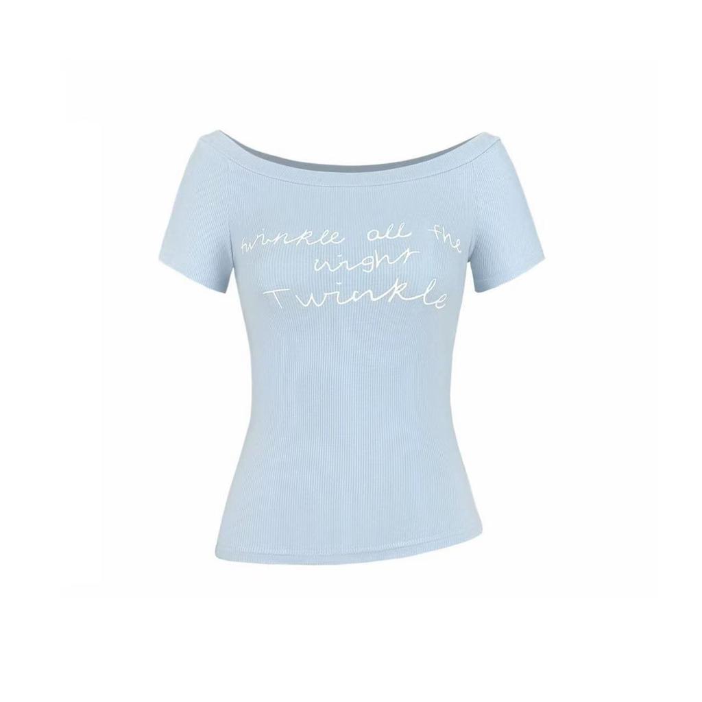 Pure Desire Style Letter Print Short-sleeved T-shirt Women's Summer Thin and Versatile Sexy Chic Slanted Shoulder Off-the-shoulder Top