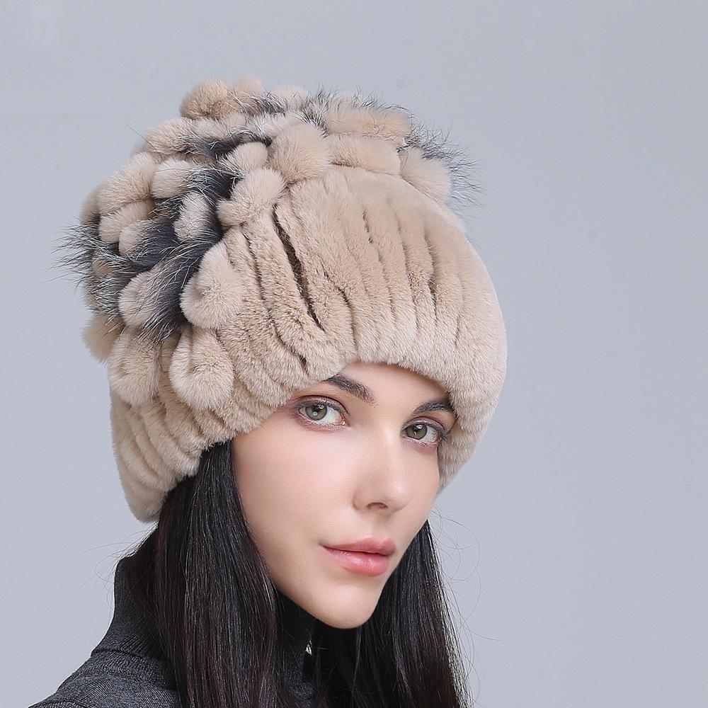 Winter Women's Warm Fashion Thick Wool Hat Rex Rabbit Fur Hat Knitted with Side Flower Hat