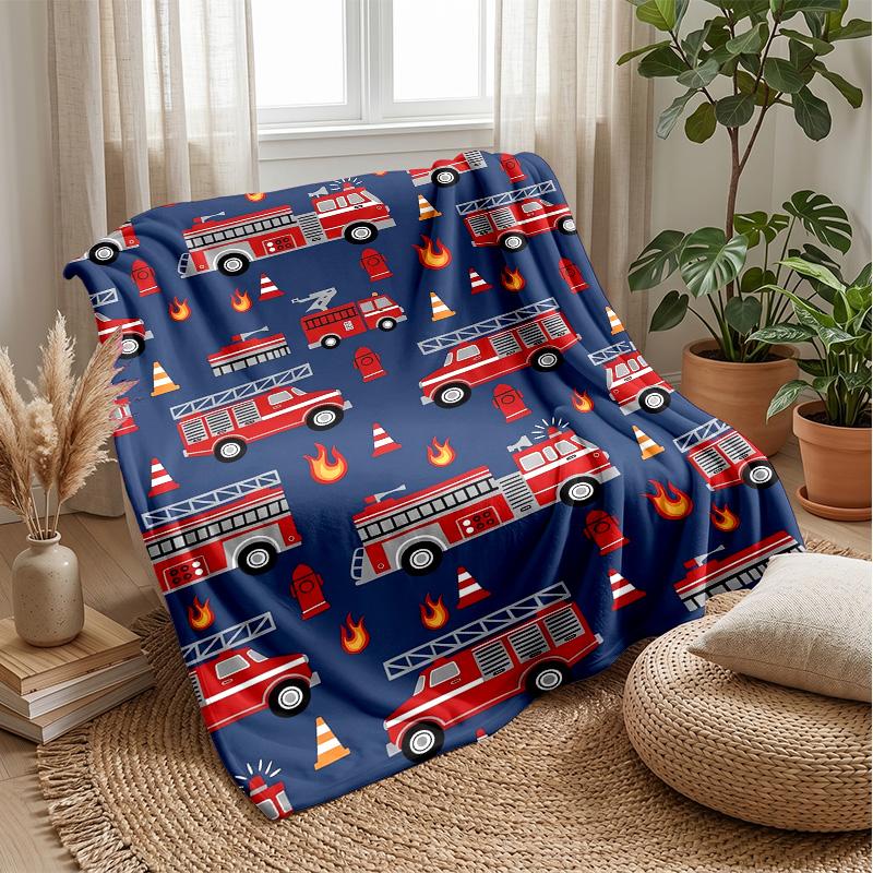 Fire Truck Pattern Theme blanket Lightweight Warm Flannel Blanket Decorative Throw Blanket for Home Decoration