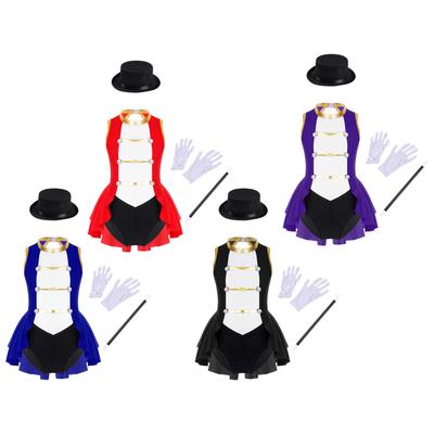 Dívčí kostým cirkusového principála Bez rukávů Vykrojená záda Leotard Klobouk Kouzelná hůlka Rukavice Halloweenský Cosplay set