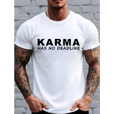 European Size Men's for KARMA Chinese T-Shirt - Solid Color Short Sleeve Round Neck Casual Top with Letter Print, Breathable Suitable for All Seasons