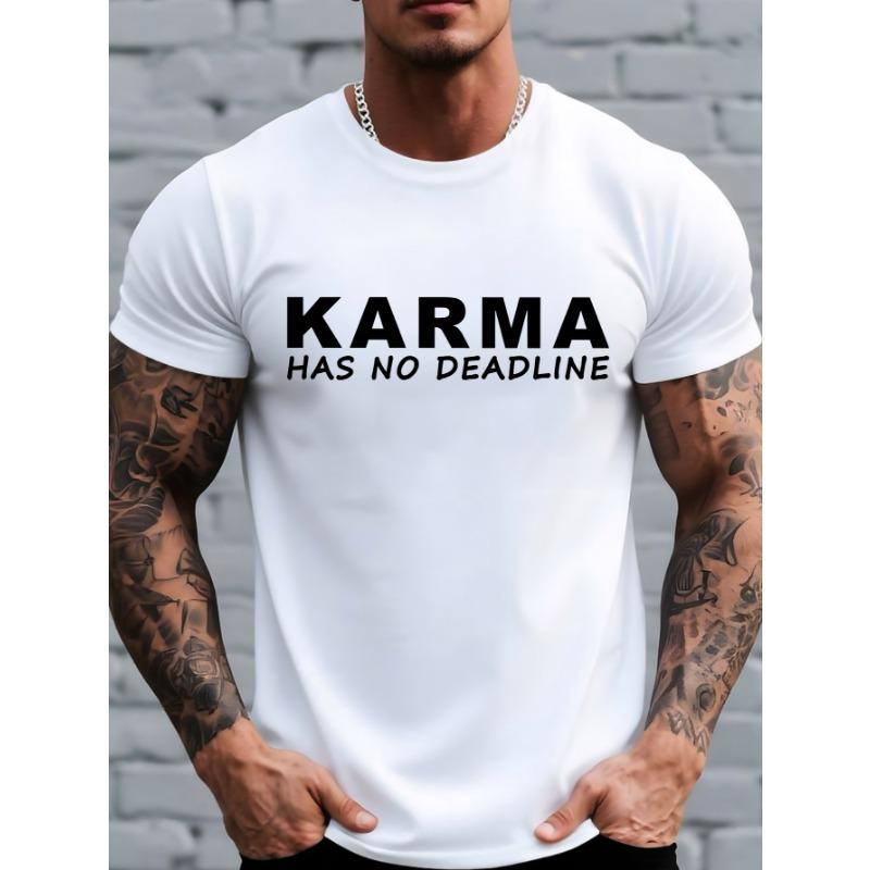 

European Size Men s for KARMA Chinese T-Shirt - Solid Color Short Sleeve Round Neck Casual Top with Letter Print, Breathable ... S