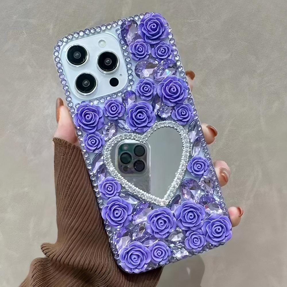 

Glitter Rhinestone Phone Case with Heart Mirror and 3D Rose Flowers For VIVO Y400 Pro Y300 Y200E Y200 Y300 Y300T Y04 Y03 T4 T3X T4X 4G 5G VIVO T4X фіолетовий