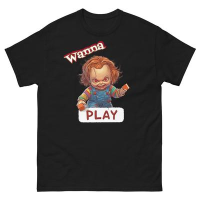 Chucky T-shirt 'Wanna Play' Anpassade Skräck-T-shirts Lilla Chucky