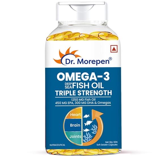 Dr. Morepen Omega-3 Fish Oil (60 Capsules) | 1250mg Triple Strength Fish Oil Softgel Capsules (450mg EPA & 300mg DHA) | For Joint & Heart Health