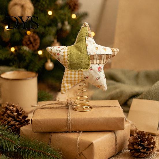 Plush Star Decor Christmas Tree Topper, Patchwork Stuffed Xmas Retro Pastoral Ornament for Winter Holiday Party Home Handmade Cloth Topper