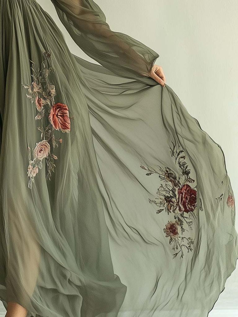 Women's Digital Printed Long Sleeve V-Neck Maxi Dress