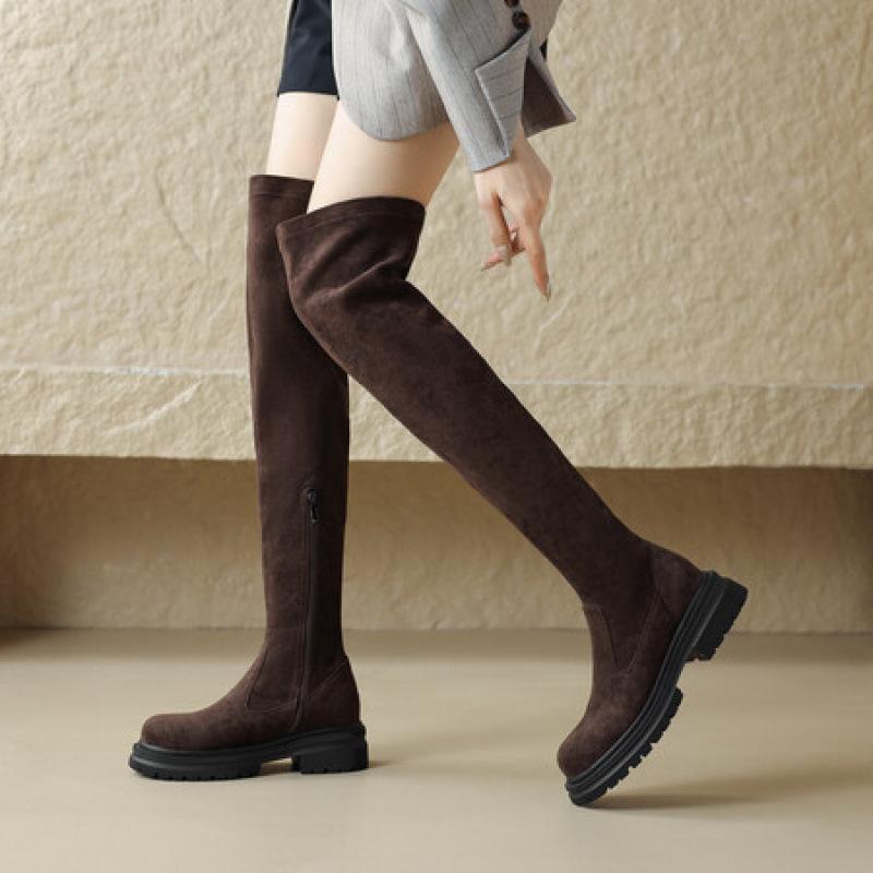 Autumn and winter suede Martin boots women's thick-soled large-size women's boots non-slip mid-heel round head square heel new suede over-knee boots