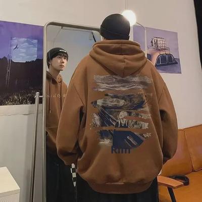 "Trendy Men's American-Style Hooded Sweatshirt - Autumn/Winter Velvet, Loose Fit, Casual Jacket for Teens"
