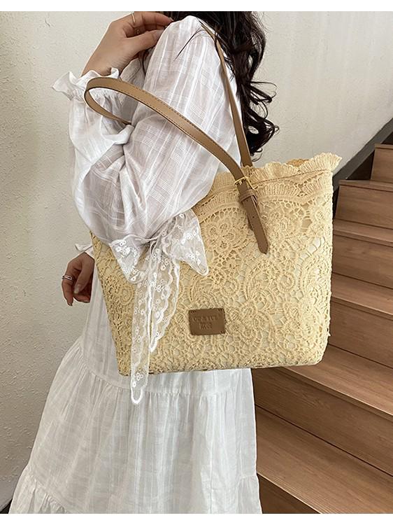 Women's Retro One-Shoulder Lace Hollow Handbag - Large Capacity, Light Luxury Vacation Tote