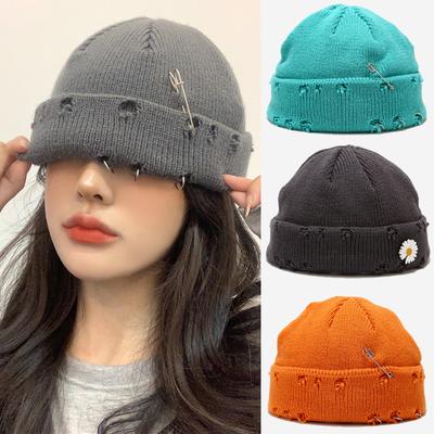 1pc Winter Harajuku Y2k Style Knitted Beanies Hats for Women,outdoor Fashion Warm Thick Flanging Metal Ring Short Hat Fleece Cap
