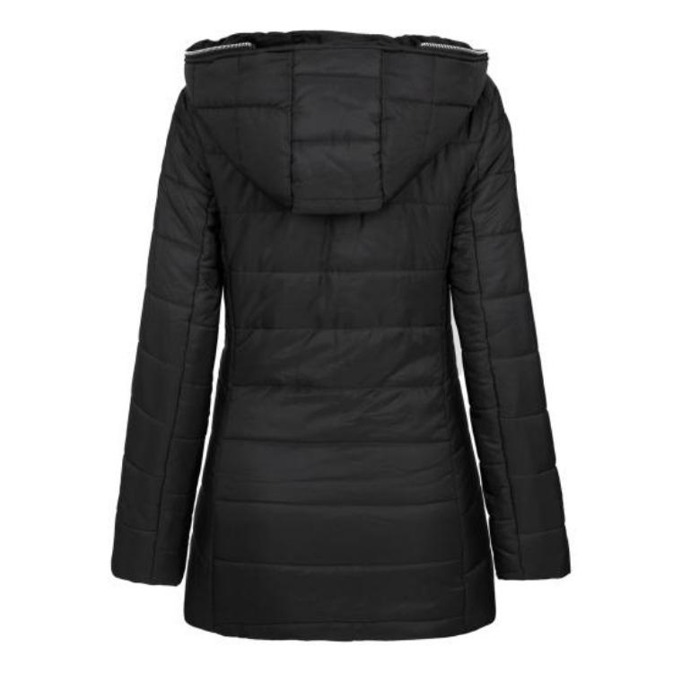 Winter Women Hooded Padded Down Jacket Mid Length Cotton Coat Plush Lined Windproof Zip Up Long Sleeve with Elastic Cuffs Outdoor
