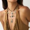 Ethnic Style Women Leaf Choker Woven Rope Leather Tassel Turquoise Stone Pendant Necklace Feather Retro Bohemian Necklaces