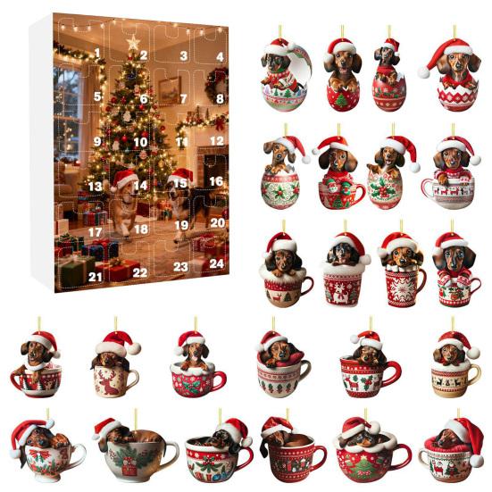 2025 Dackel in Tasse Adventskalender 24-Tage Weihnachts-Countdown-Box mit Acryl-Ornamenten Süßes Geschenk für Hundeliebhaber