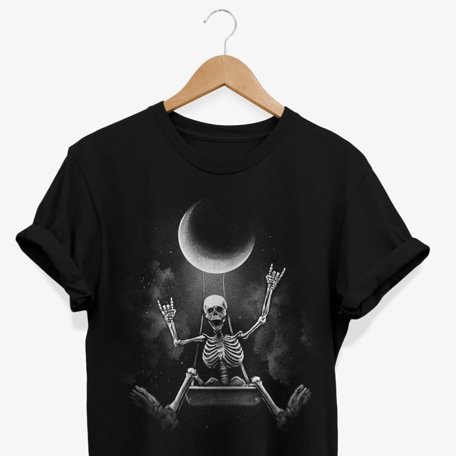 Skeleton Swinging T-shirt: Crescent Moon Rocker Tee S