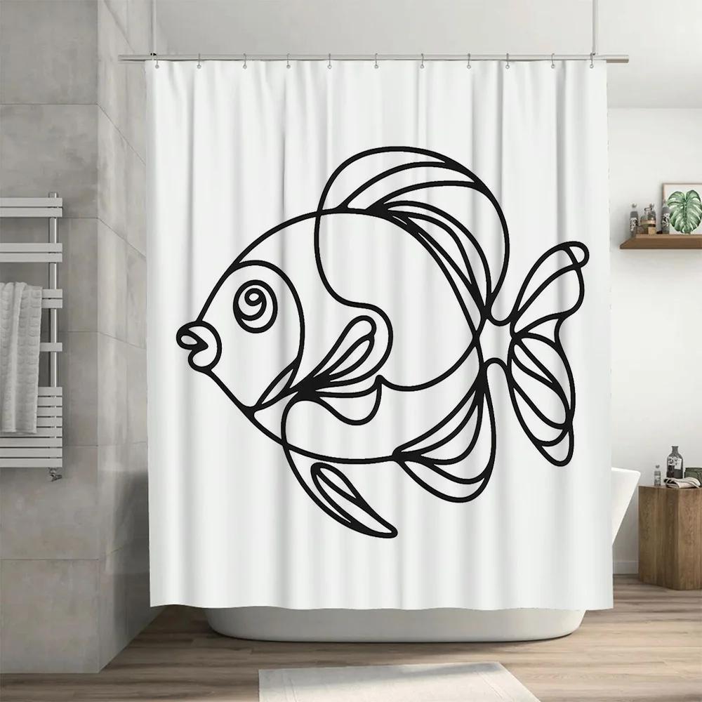 Black And White Modern Fish Print Shower Curtain Home Decor Waterproof Bathroom Decoration 3D Printing Window Treatments Custom