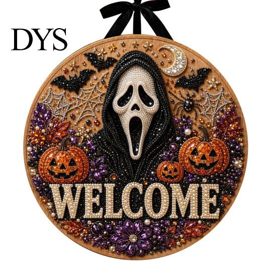 Wall Hanging Decor Halloween Faux Pearl Door Sign Kit, Ghost Skull Skeleton Cat Welcome DIY Painting Art Crafts Handmade Arts for Decoration Set