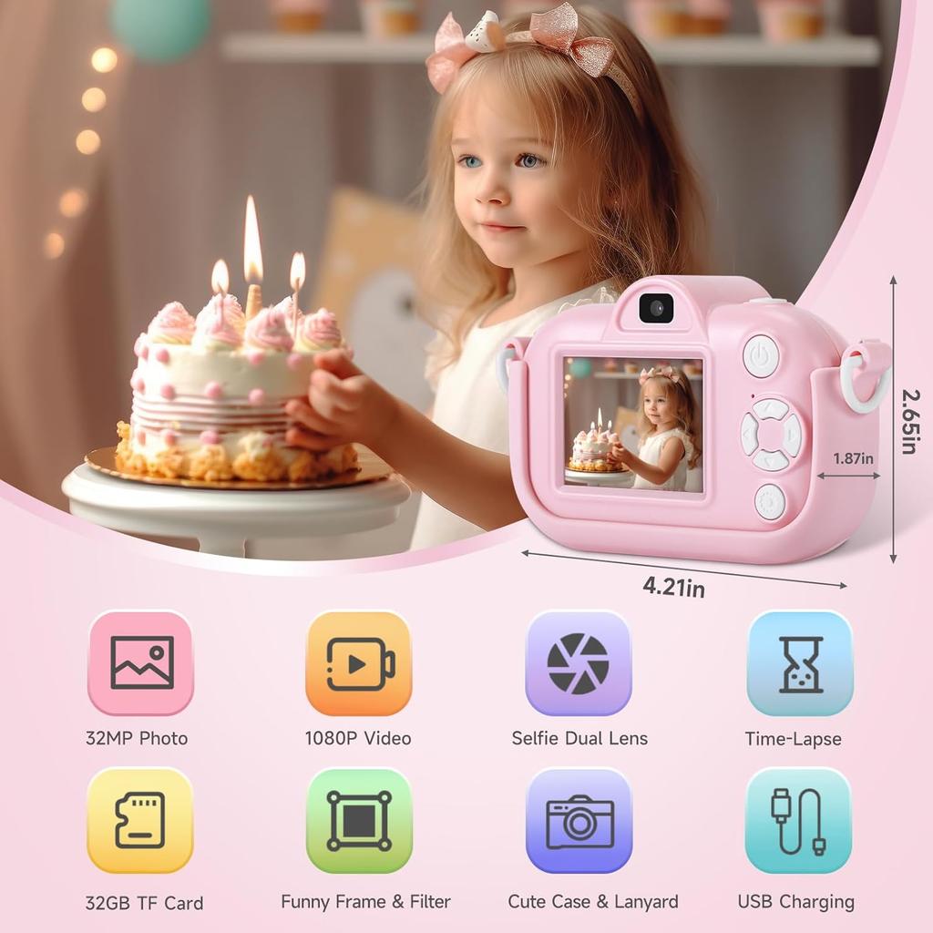 Kids Camera Toys for Girls Age 3-8, Kids Digital Camera Toddler Camera for 3 4 5 6 7 8 Years Old Birthday Gifts, 1080P Video Camera with Cute