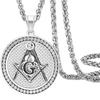 Masonic Symbol Necklace Men's Punk Rock Retro Stainless Steel Inlaid Rhinestone Masonic Round Pendant Amulet Jewelry