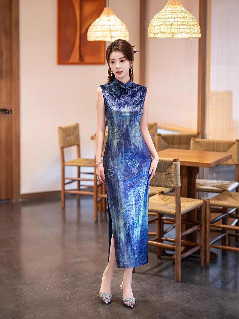 Royal Blue Velvet Sleeveless Cheongsam Dress - Modern Retro Autumn Style