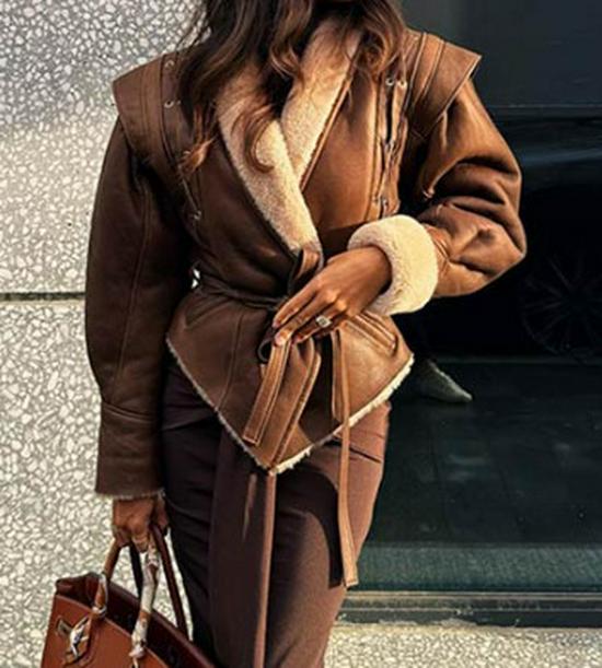 2024 Autumn/Winter Cross-border Fashion Lapel Tie Long Sleeve Leather Jacket